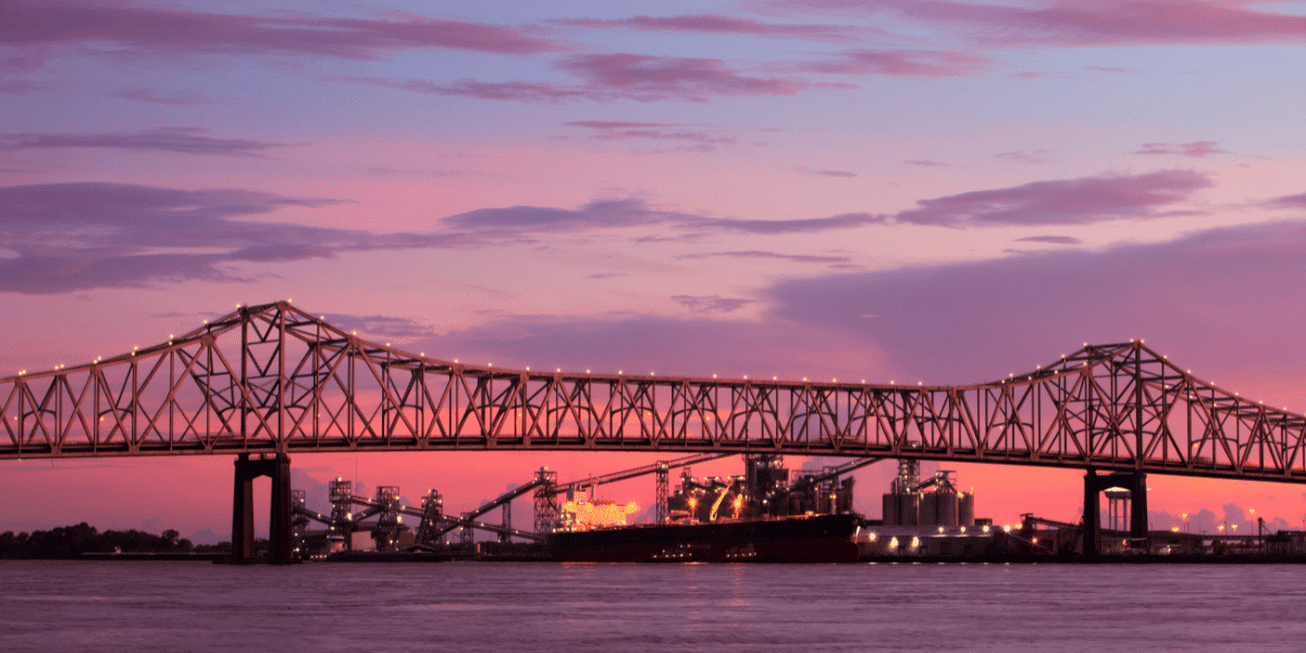 A beautiful view of the Mississippi River Bridge in Baton Rouge, LA at sunset
